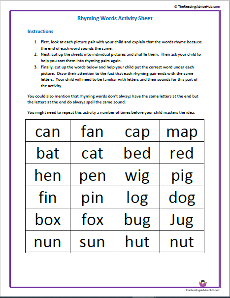 Rhyming words activity sheet instructions
