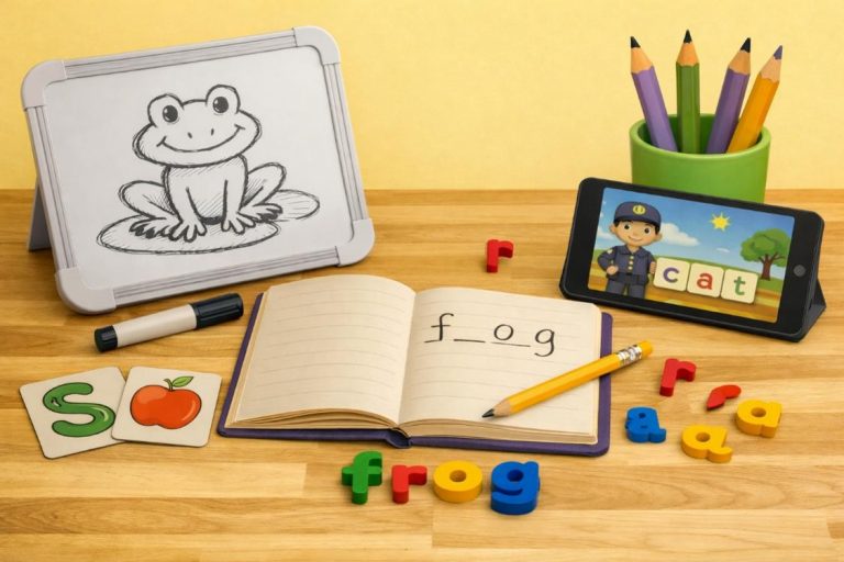 Phonics-tutoring-scene-showing-a-teacher’s-whiteboard -frog-sketch-and-a-child’s-notebook-spelling-‘f r o g’-with-colourful-magnetic-letters.